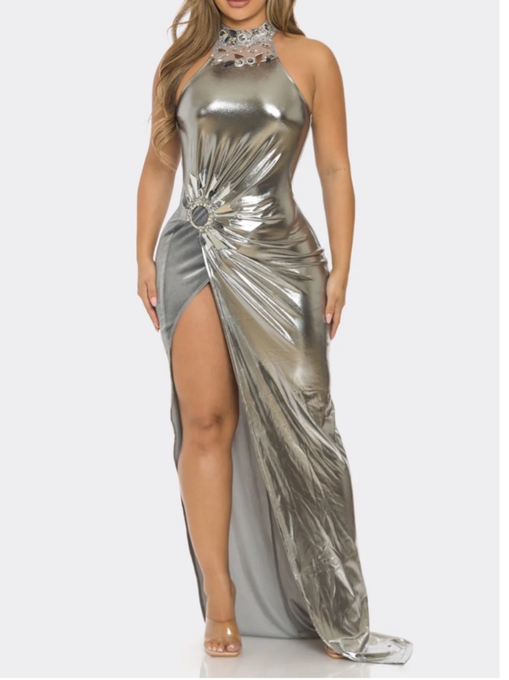 Metallic Silver Halter Evening Gown with Side Slit